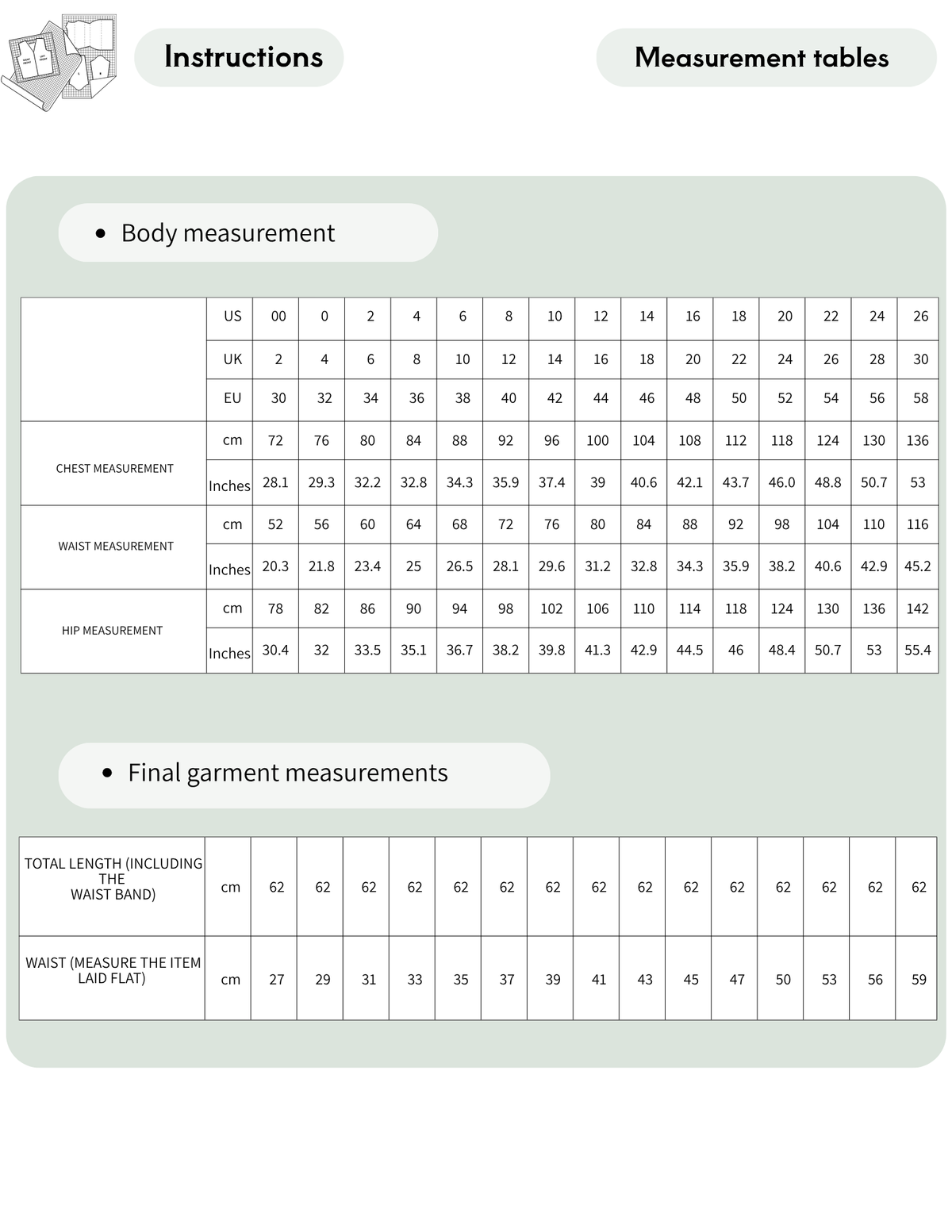 CIA Skirt sewing pattern body measurement chart with 15 sizes from EU 30 to EU 58