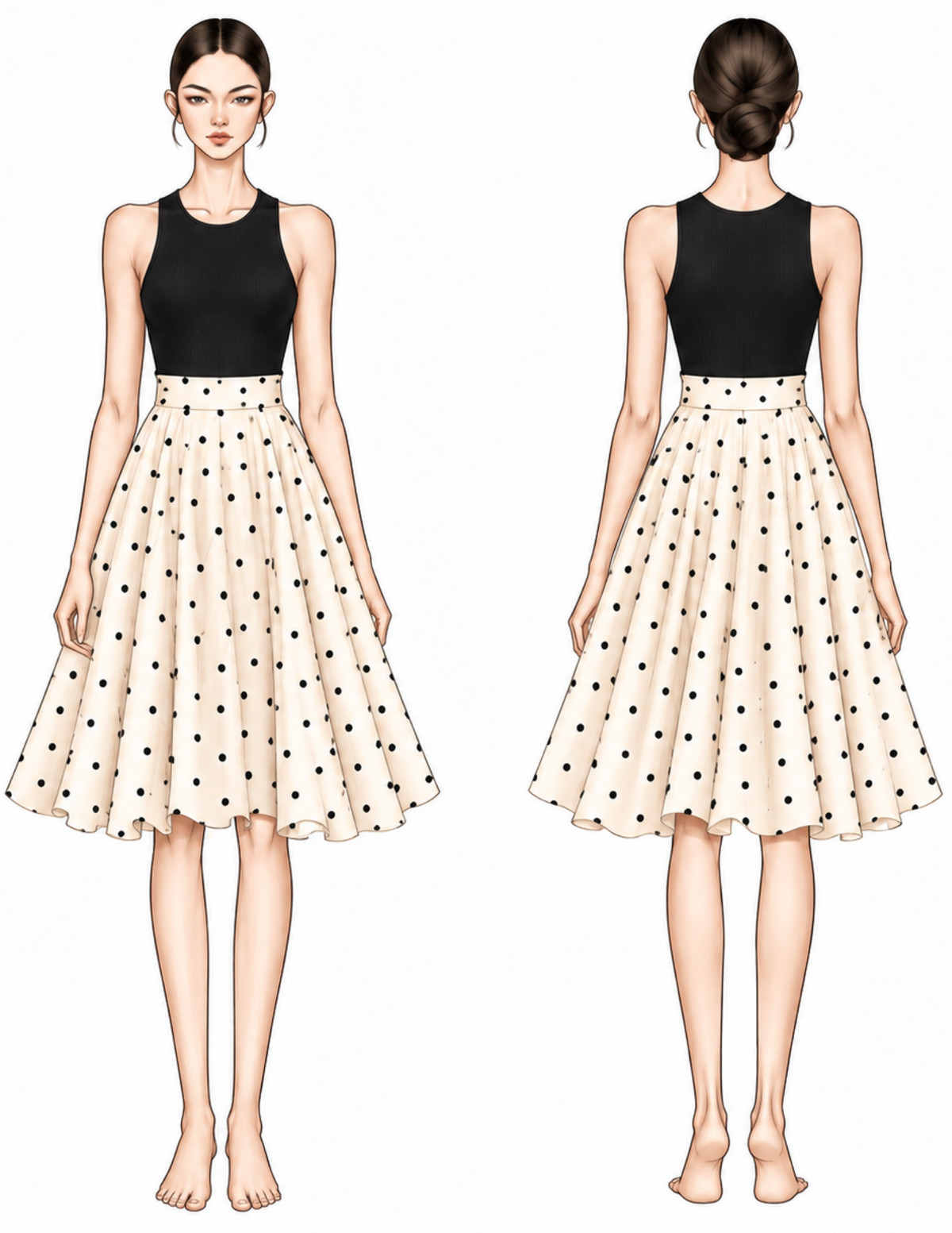 CIA Skirt sewing pattern front and back views showing the high waistband and flowing circular skirt silhouette