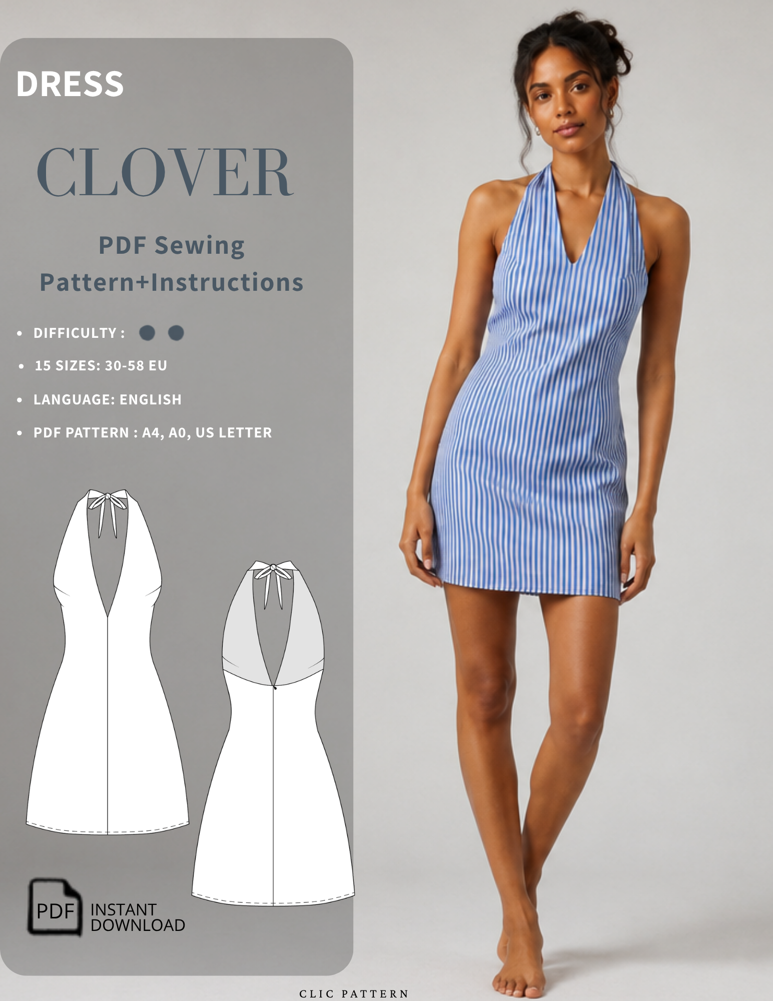 Promotional graphic for a PDF sewing pattern of a halter mini dress. The left side features a gray panel with the text 'DRESS CLOVER PDF Sewing Pattern+Instructions' and line drawings of the dress silhouette.