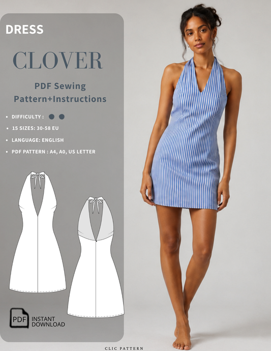 Promotional graphic for a PDF sewing pattern of a halter mini dress. The left side features a gray panel with the text 'DRESS CLOVER PDF Sewing Pattern+Instructions' and line drawings of the dress silhouette.