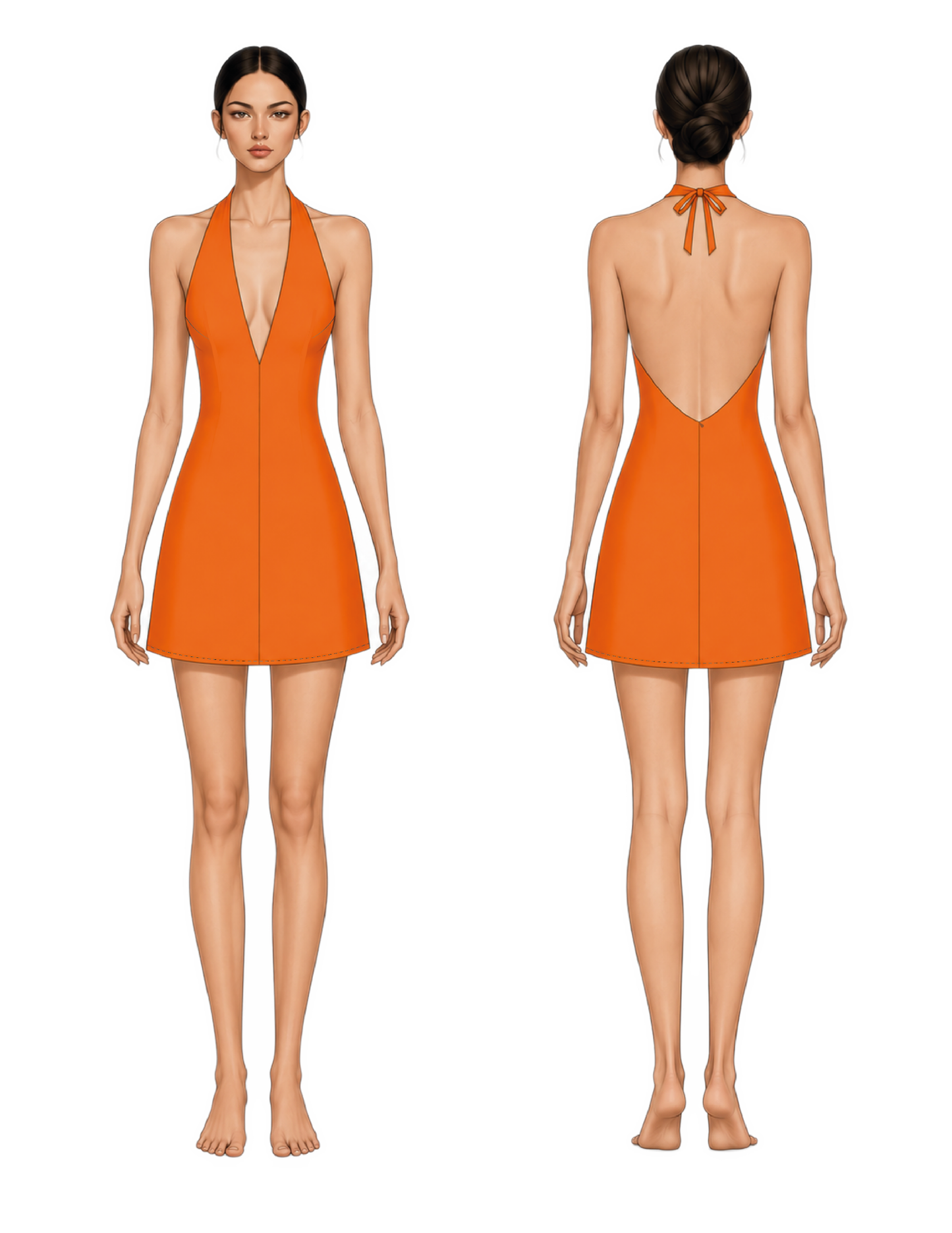 Front and back views of a model wearing a bright orange halter mini dress with a deep V-neckline and open back tied at the neck.