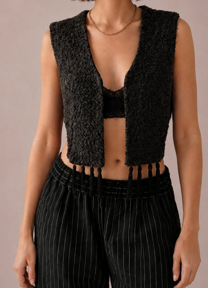 Front view of the Women's Cropped 
Vest Sewing Pattern PDF displaying the open front design, fitted shape, and professional finish.