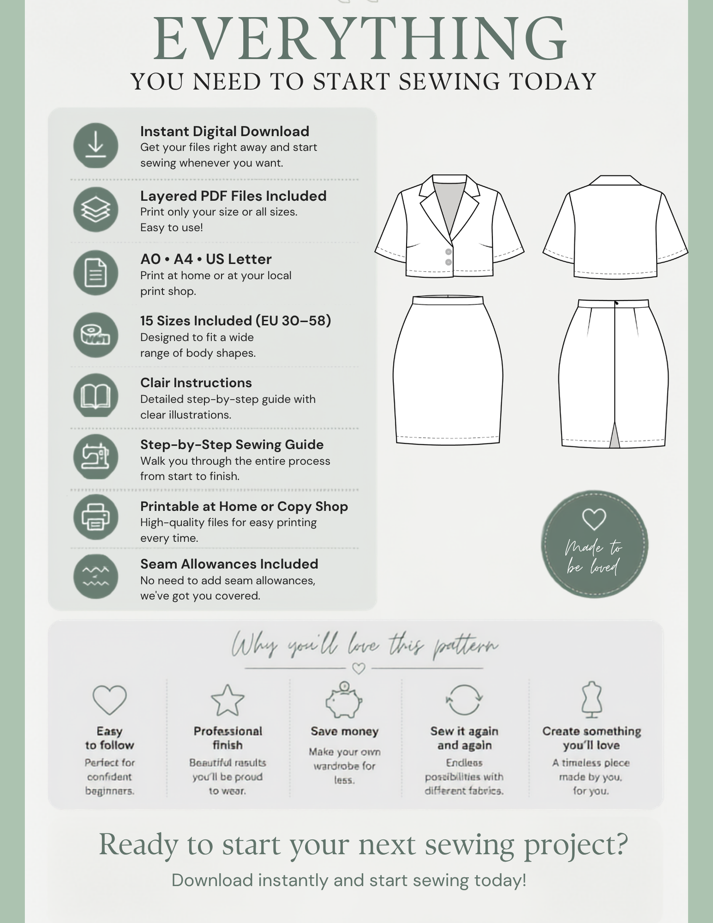 An informational graphic for a sewing pattern listing, titled 'EVERYTHING TO START SEWING TODAY,' with text callouts, small sewing machine icons, line drawings of a blouse and shorts, and a circular 'Made to be kind' badge on a pale green background.