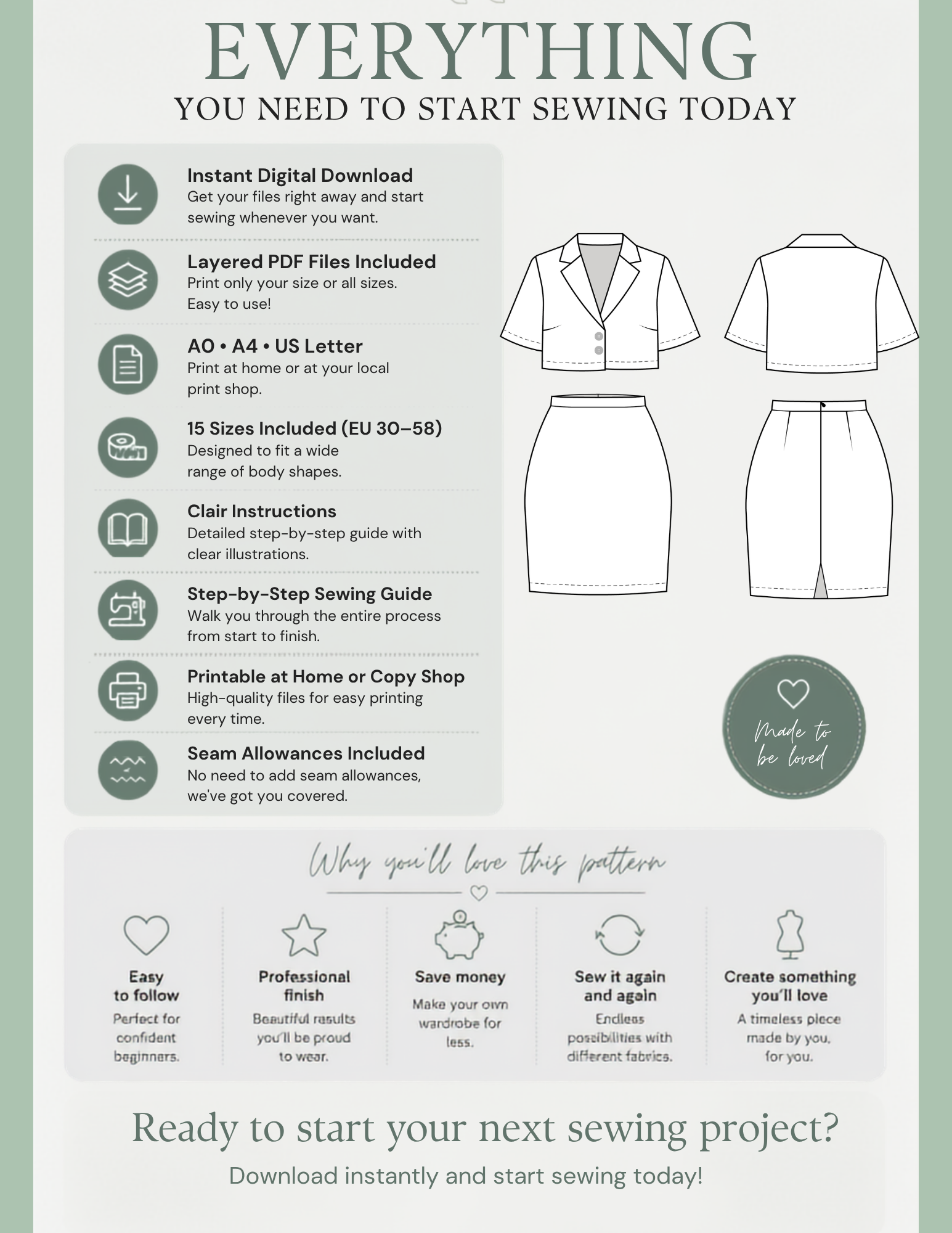 An informational graphic for a sewing pattern listing, titled 'EVERYTHING TO START SEWING TODAY,' with text callouts, small sewing machine icons, line drawings of a blouse and shorts, and a circular 'Made to be kind' badge on a pale green background.