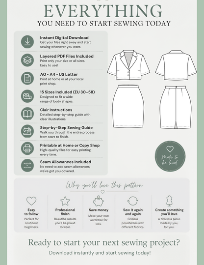 An informational graphic for a sewing pattern listing, titled 'EVERYTHING TO START SEWING TODAY,' with text callouts, small sewing machine icons, line drawings of a blouse and shorts, and a circular 'Made to be kind' badge on a pale green background.