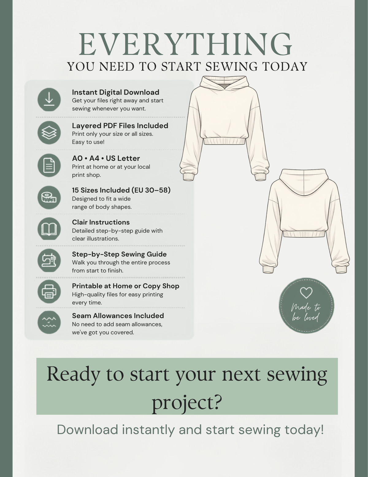 EBONY digital PDF sewing pattern with layered files, A4, A0 and US Letter formats, sizes EU 30 to 58 and sewing instructions