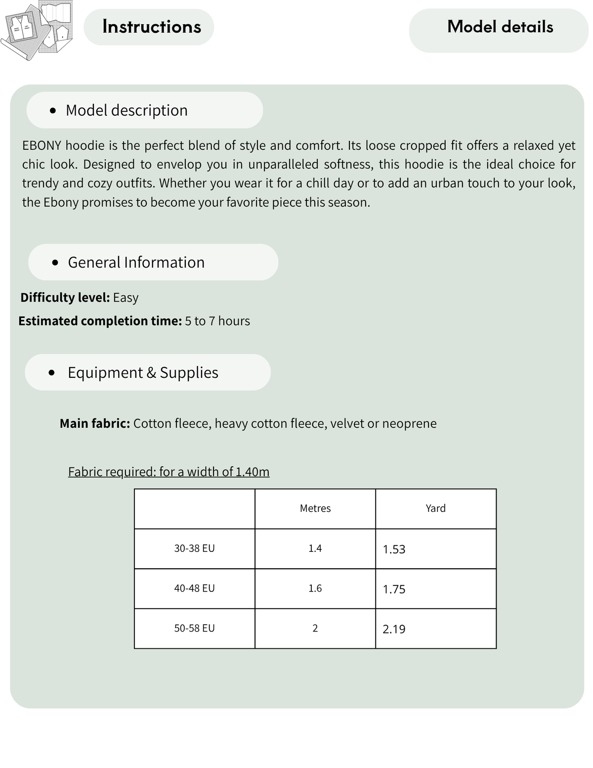 EBONY cropped hoodie sewing pattern details including difficulty level, recommended fabrics and fabric requirements.