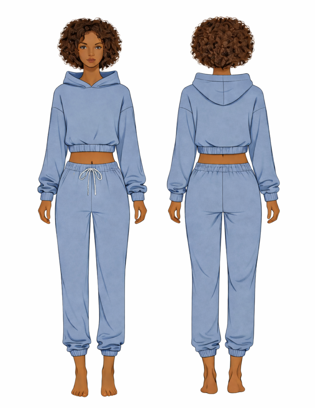 Technical fashion drawing of the EBONY cropped hoodie showing front and back views.