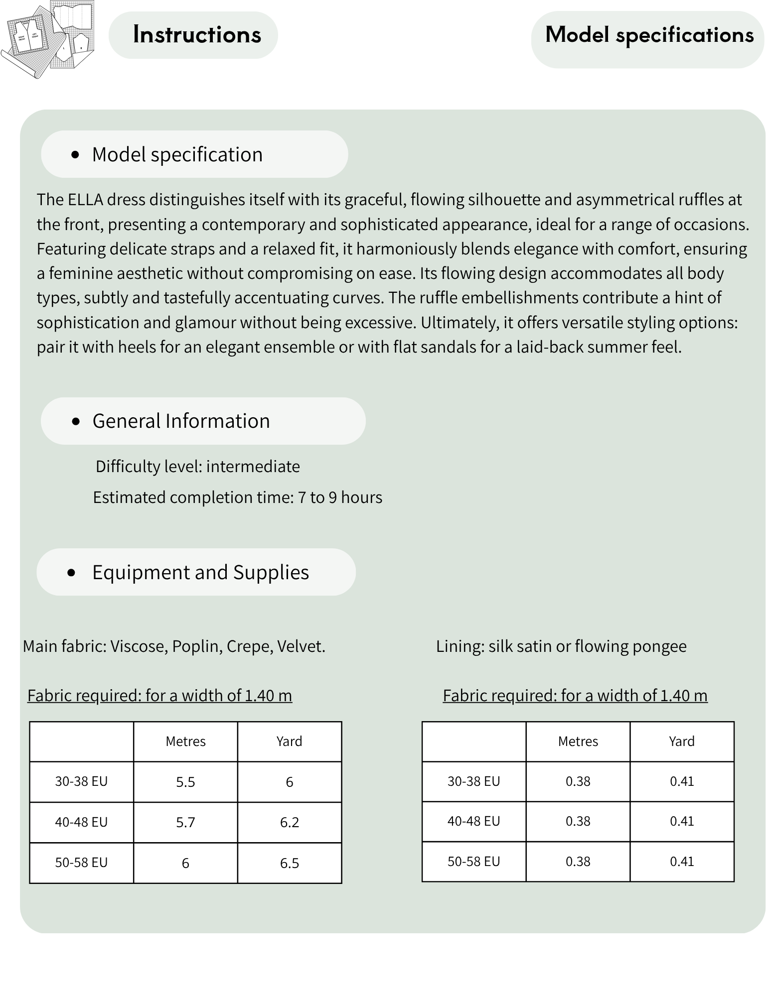 An informational graphic detailing the 'Model specification' and 'Equipment and Supplies' for the ELLDA EDDRA fashion show. The graphic features a light teal background with black text, bullet points, and tables specifying fabric requirements (Viscose, Poplin, Crepe, Velvet) in metres and yards for different Euro weights.