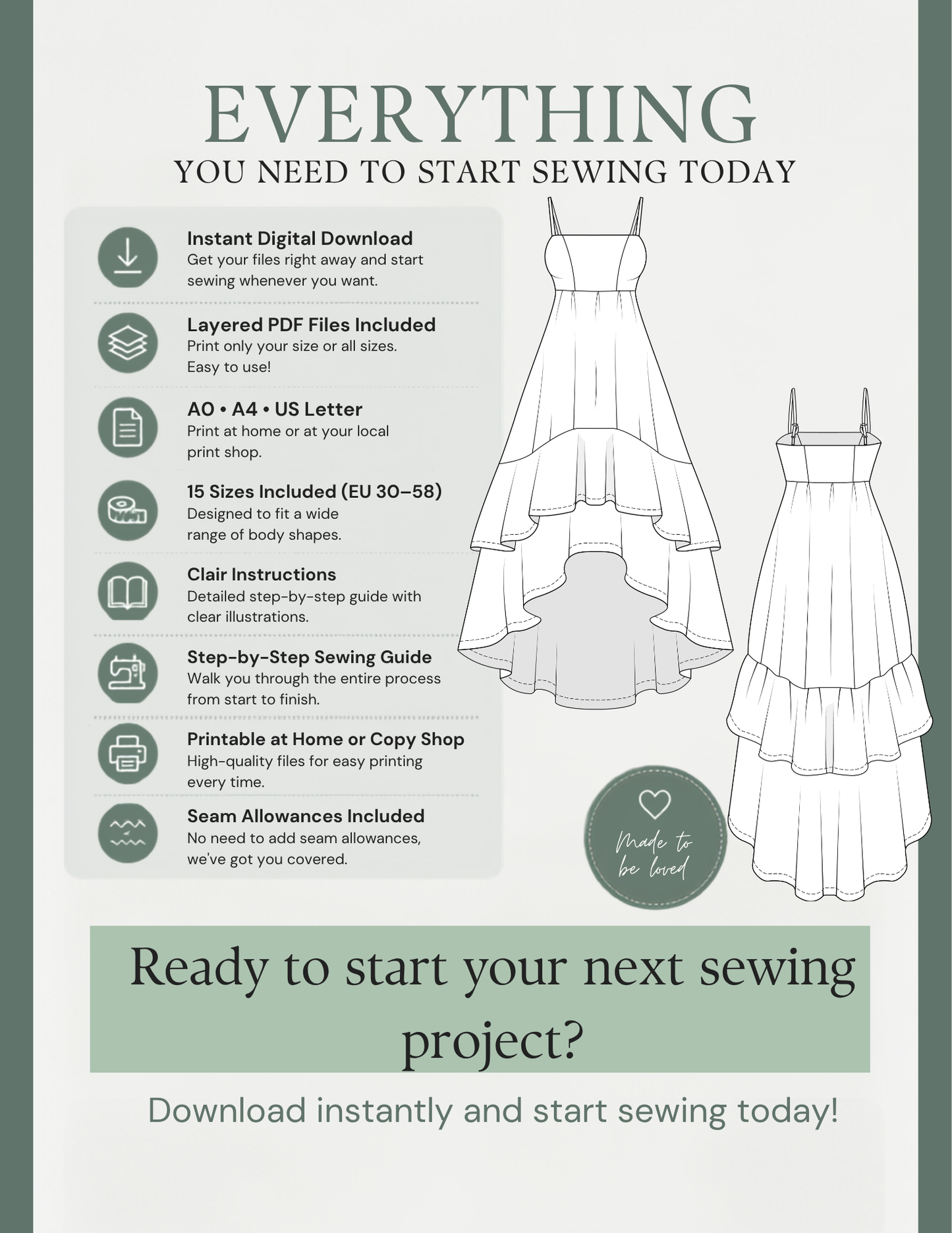 Promotional graphic for a digital sewing pattern download, featuring a white dress illustration, a list of included features, and text encouraging users to start their next sewing project.
