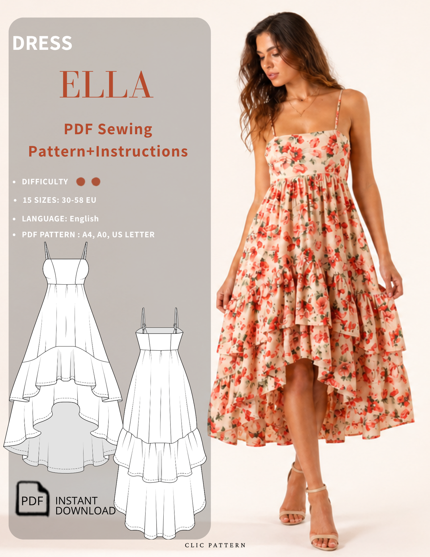 Promotional graphic for the ELLA dress sewing pattern by Clic Pattern, showing a woman modeling a floral high-low midi dress on the right, with line drawings of the dress silhouette and pattern details on the left against a light beige background.