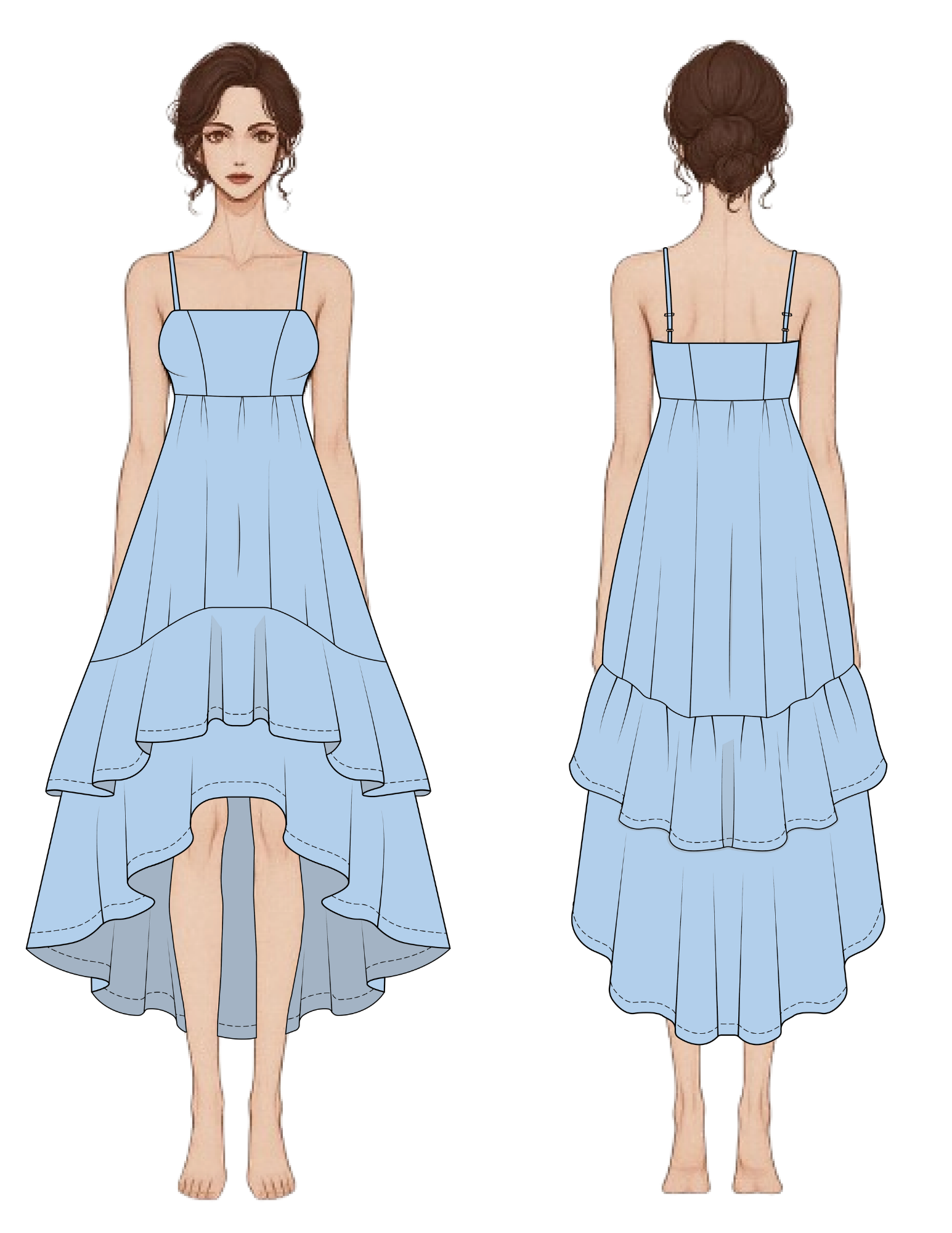 A digital fashion illustration showing a light blue high-low tiered dress from both the front and back views, presented on stylized female models against a plain white background.