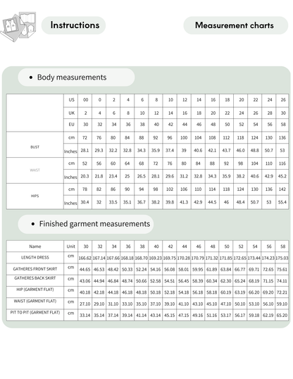 ELYSIA sewing pattern size chart 
with bust, waist and hip body 
measurements for 15 women's sizes 
from EU 30 to EU 58