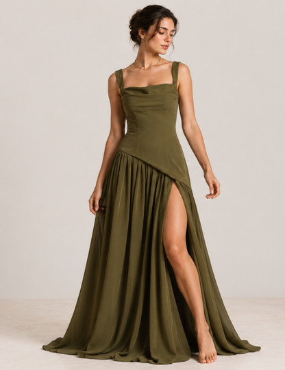 Full-length view of the ELYSIA 
women's maxi dress with a 
structured square-neck bodice, wide 
shoulder straps, asymmetrical 
waistline and dramatic high slit