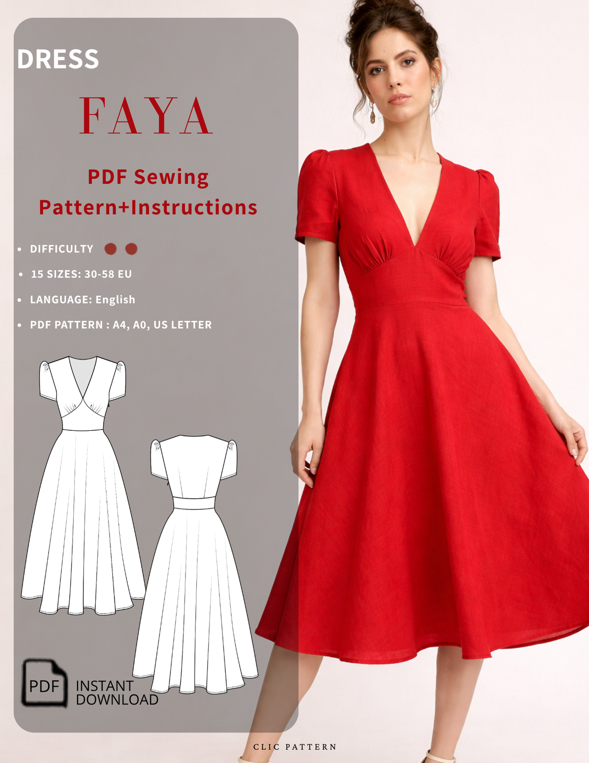 FAYA women's dress PDF sewing pattern with wrap V-neck, puff sleeves, fitted waist and flared midi skirt, available in EU sizes 30 to 58.