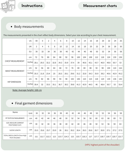 FAYA dress sewing pattern size chart showing body measurements and finished garment measurements for EU sizes 30 to 58