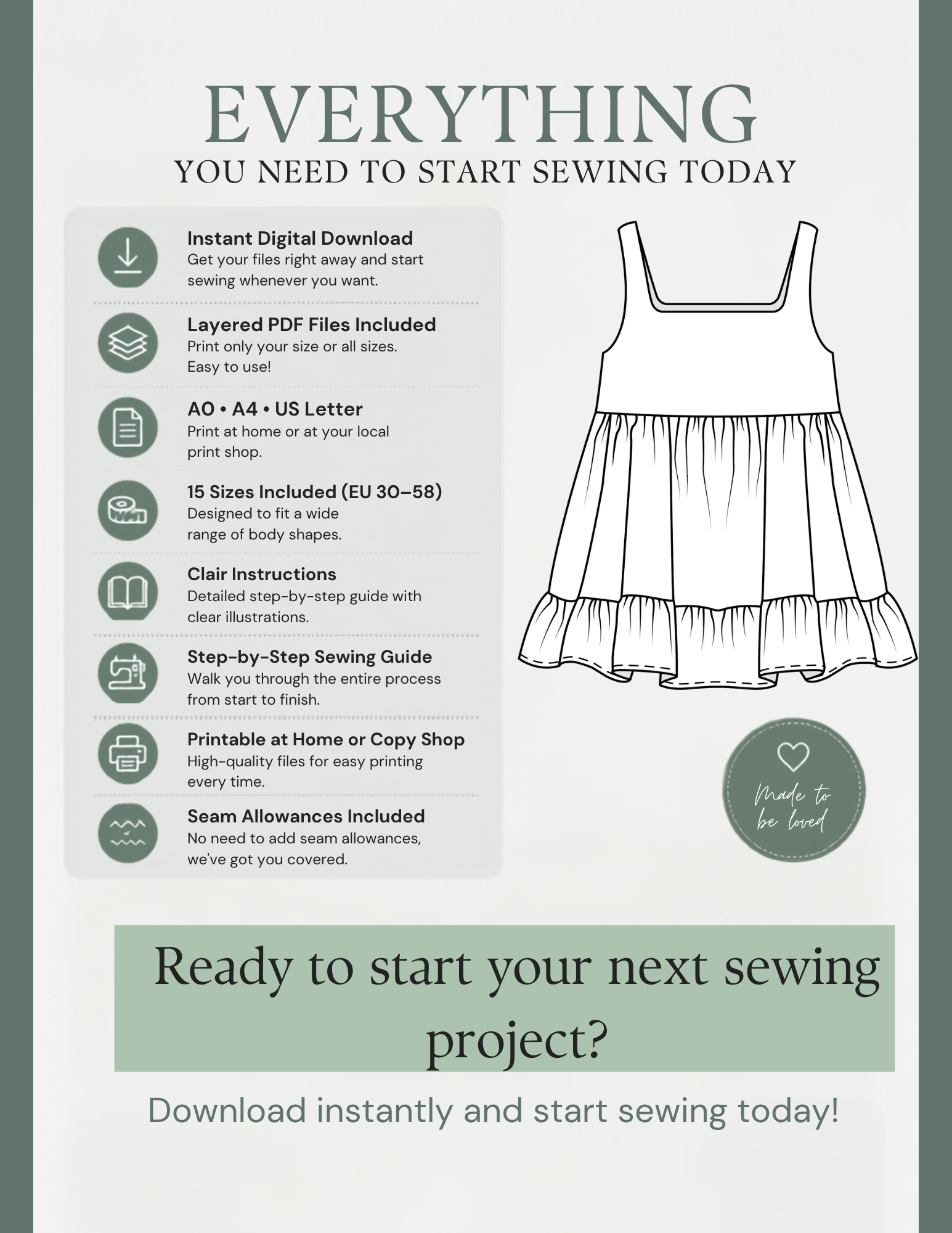 Promotional graphic for a digital sewing pattern download, featuring a line drawing of a sleeveless tiered dress, a list of included features on the left, and text encouraging users to start sewing today.