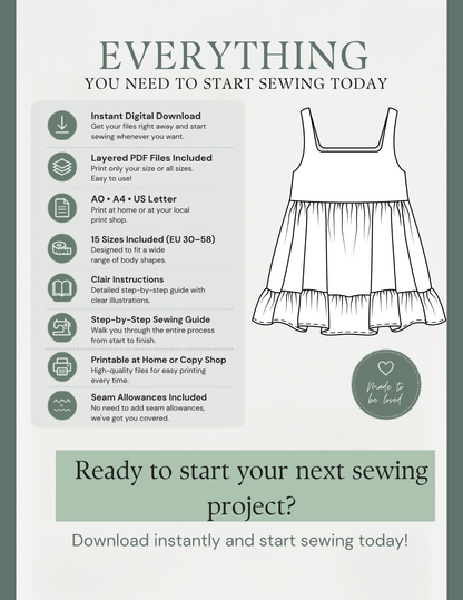 Promotional graphic for a digital sewing pattern download, featuring a line drawing of a sleeveless tiered dress, a list of included features on the left, and text encouraging users to start sewing today.