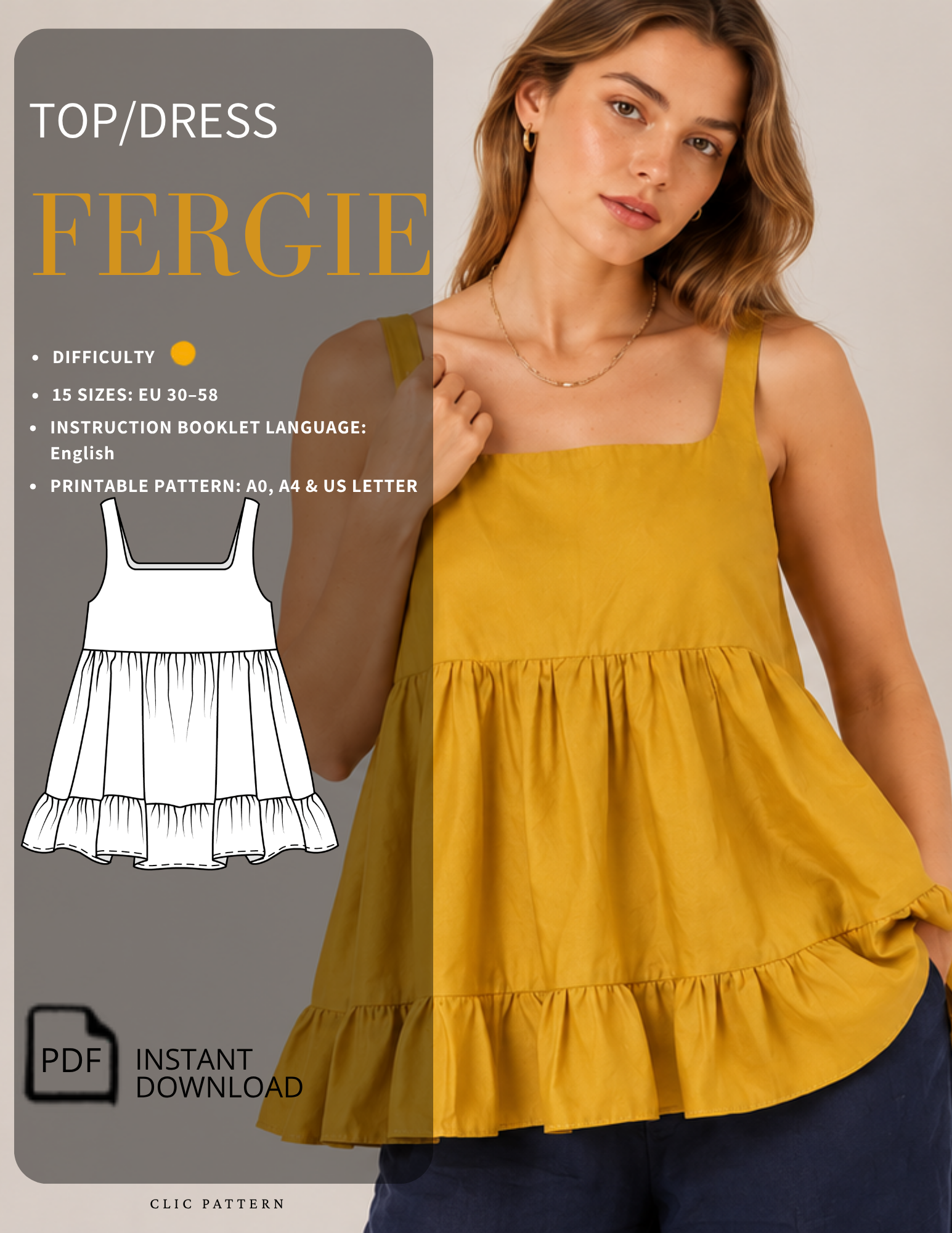 FERGIE Top PDF sewing pattern for women, square neckline, gathered peplum and tiered ruffle hem, sizes EU 30–58