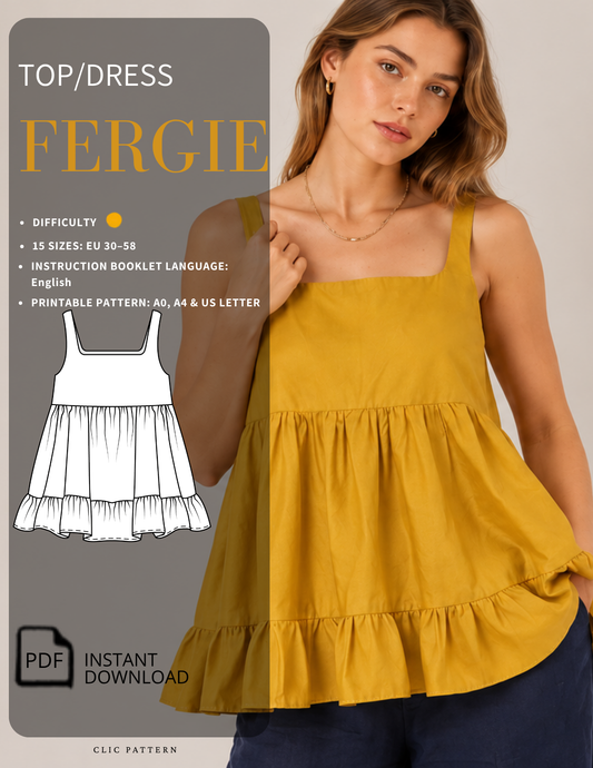 FERGIE Top PDF sewing pattern for women, square neckline, gathered peplum and tiered ruffle hem, sizes EU 30–58