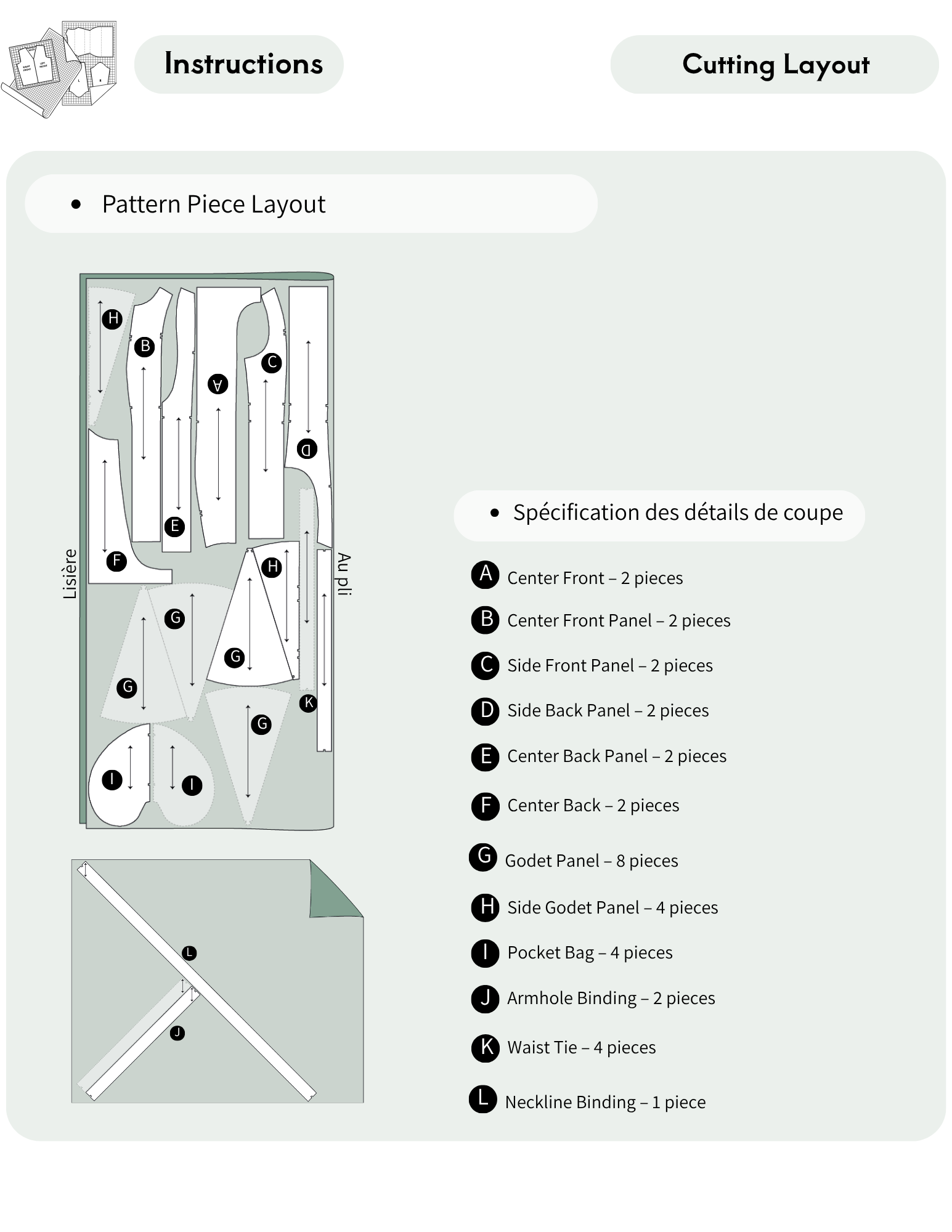 A cutting layout and instructions sheet showing a pattern piece layout diagram with labeled parts and a list of cutting specifications in French on a pale green background.