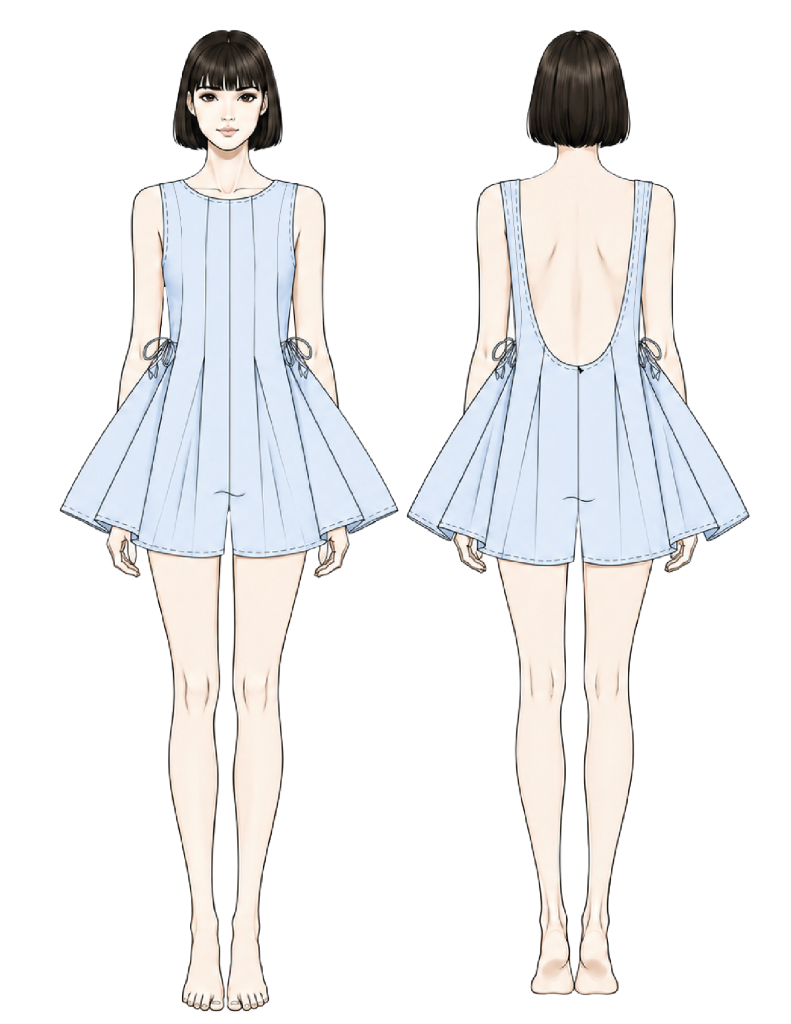 A fashion illustration showing a sleeveless light blue romper from the front and back. The character wears a short dark bob haircut and stands barefoot against a plain white background.