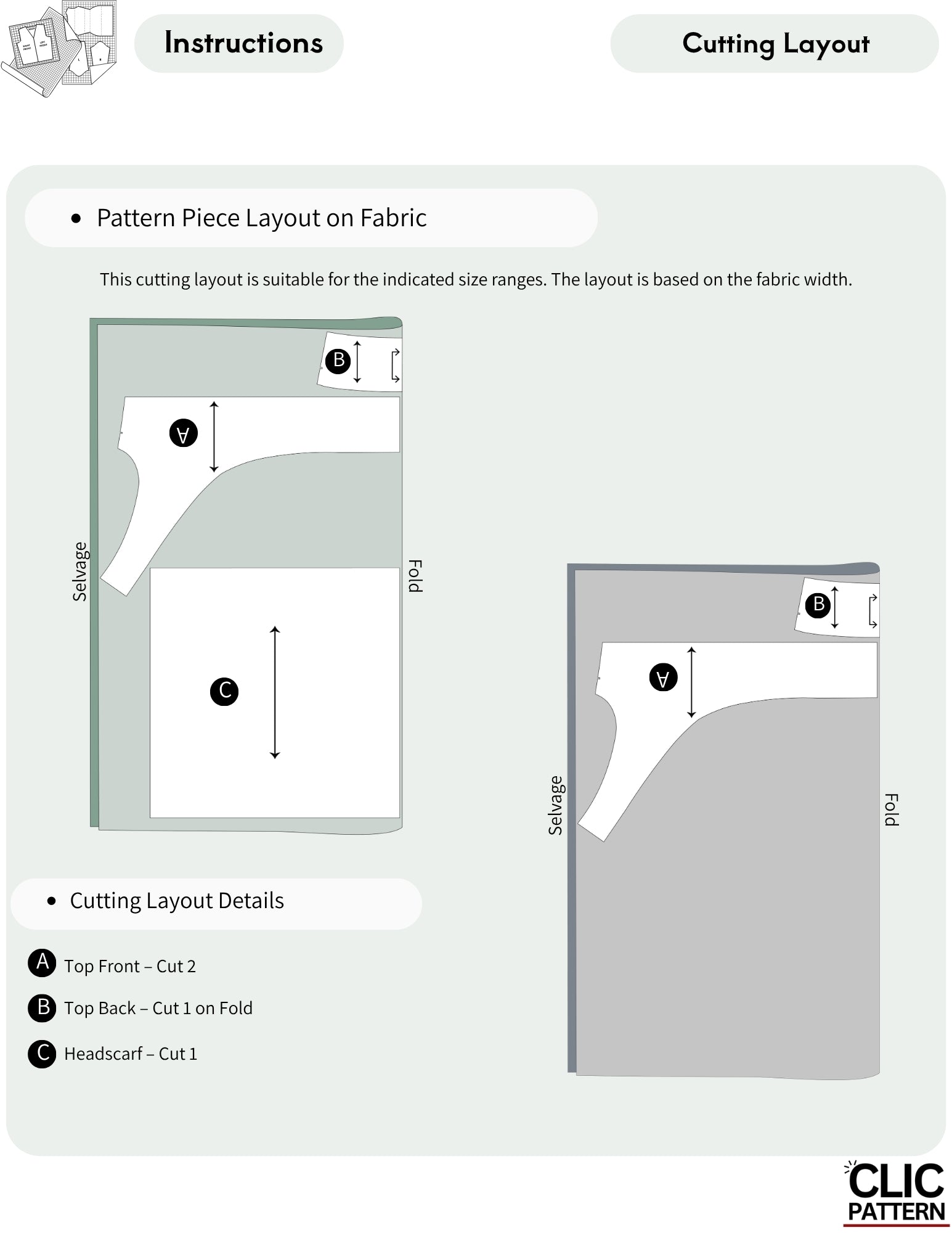 A digital instructions sheet showing pattern piece layout and cutting layout for a sewing pattern, with labeled diagrams, size markers, and a CLIC PATTERN logo in the bottom right corner.