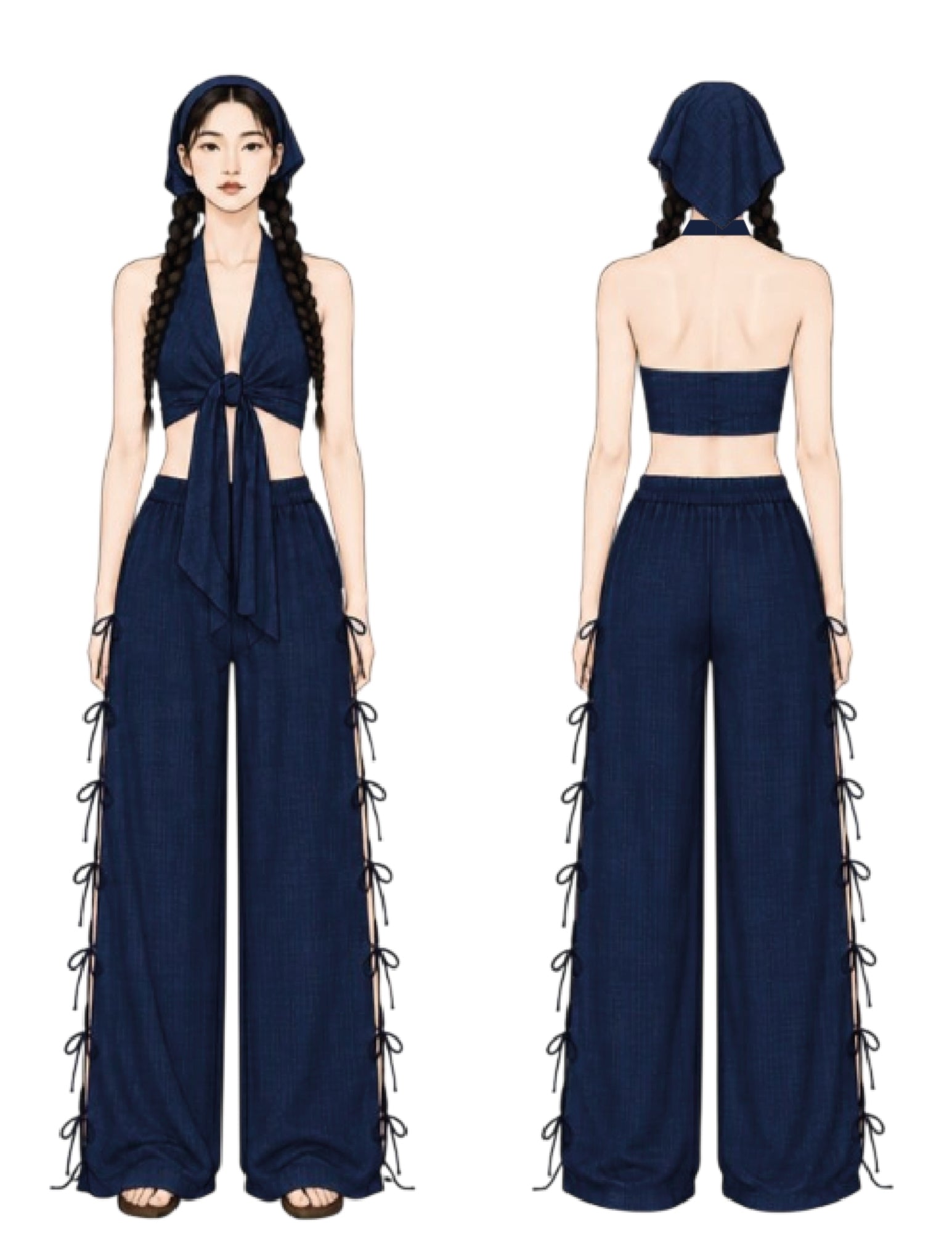 A two-view fashion illustration showing the front and back of a navy blue outfit. The front view shows a halter-style crop top with a front tie, matching wide-leg pants with side lace-up ties, and a matching head covering.