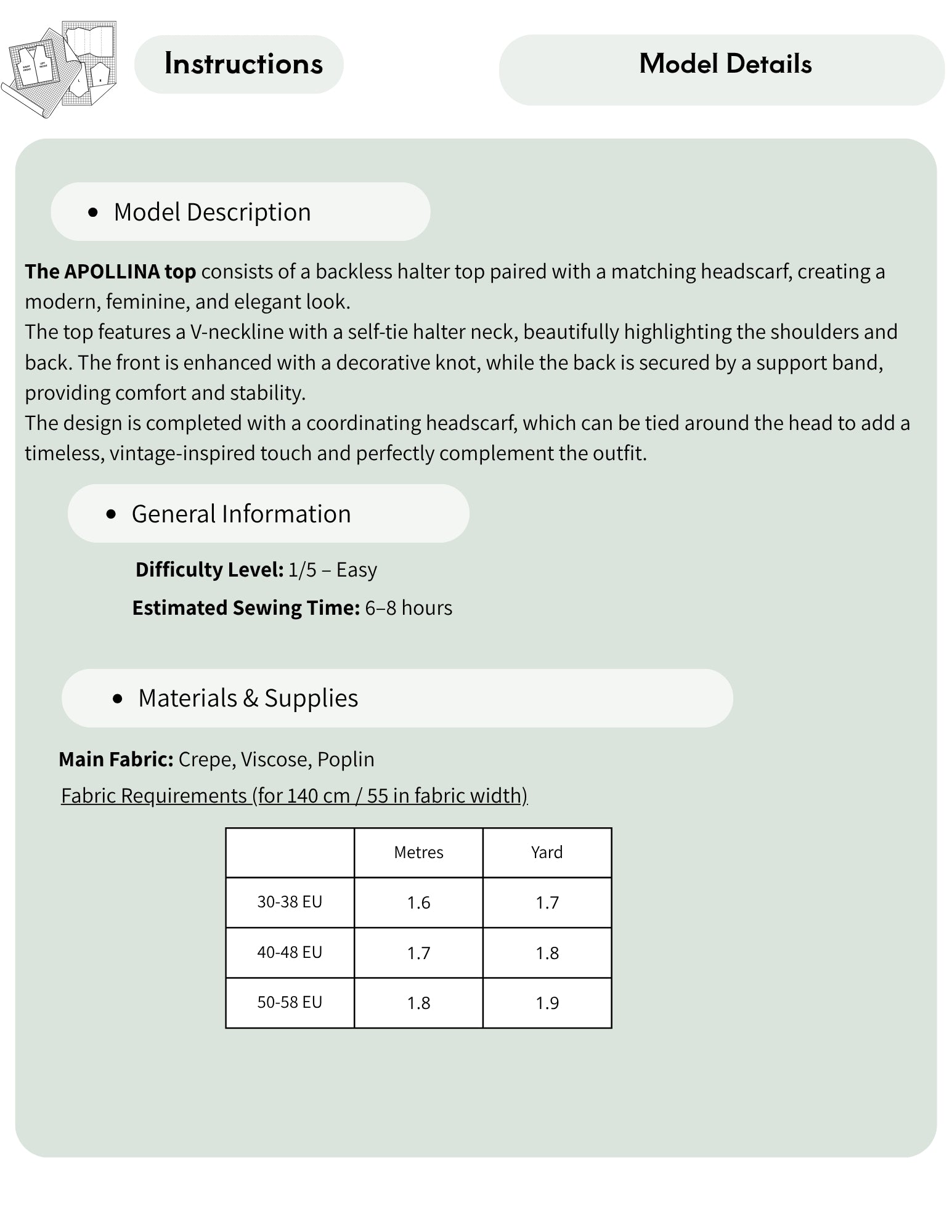 A digital sewing pattern instruction sheet for the Apollina top, showing model description, general information, and a fabric requirements table on a pale sage green background.