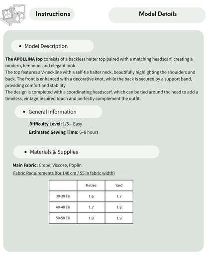 A digital sewing pattern instruction sheet for the Apollina top, showing model description, general information, and a fabric requirements table on a pale sage green background.