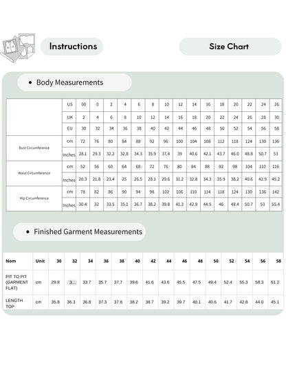 A size chart and instructions table for a garment, showing body measurements in centimeters and inches for US, UK, EU, and other sizes, plus finished garment measurements.