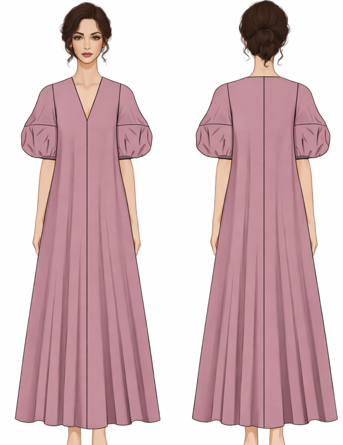 Front and back fashion illustration of the IRIS loose fit maxi dress sewing pattern with V-neck and puff sleeves