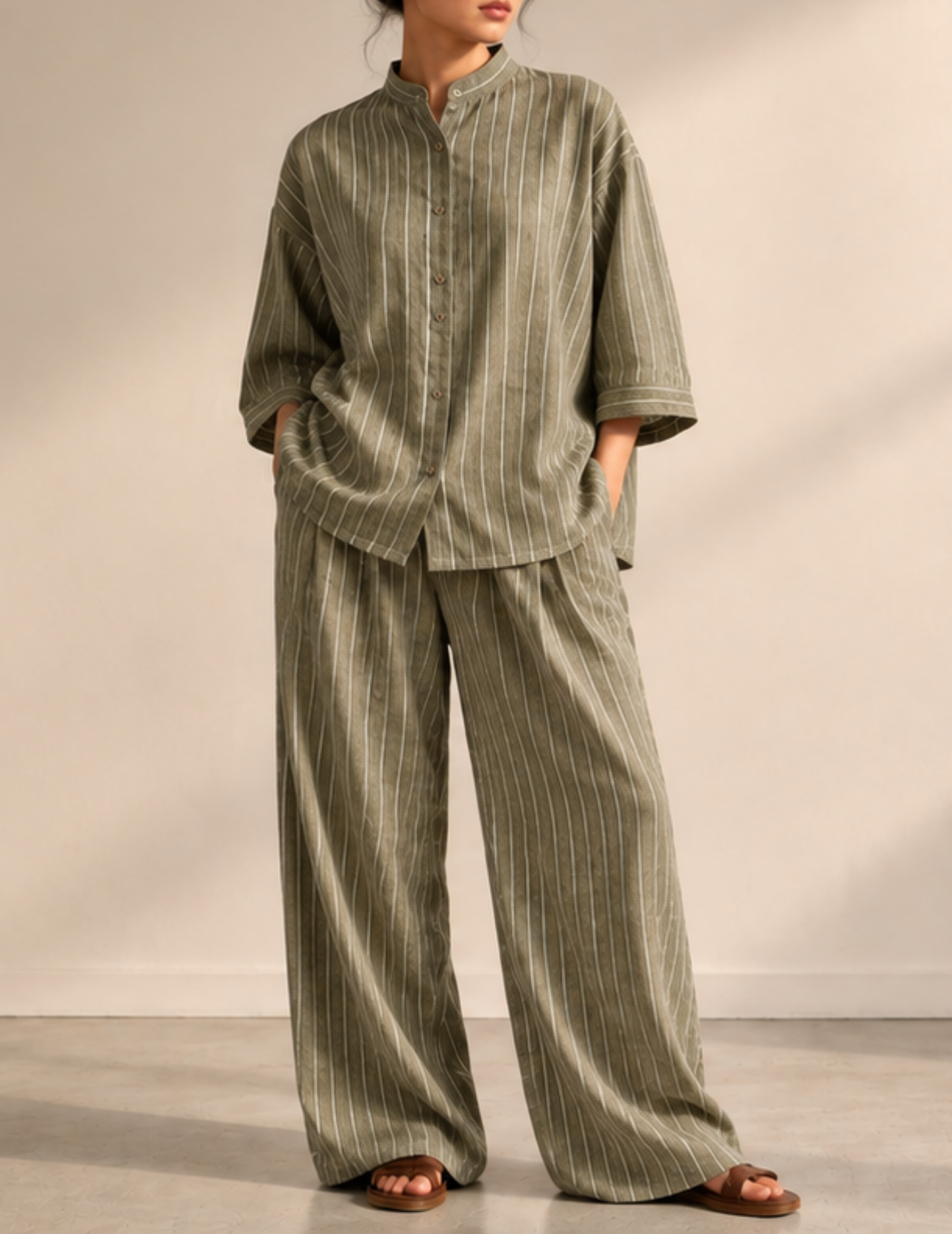 A model wearing a matching two-piece lounge set consisting of a short-sleeve button-up shirt and wide-leg trousers, both in an olive green fabric with thin vertical white stripes. The model is standing against a neutral beige wall.