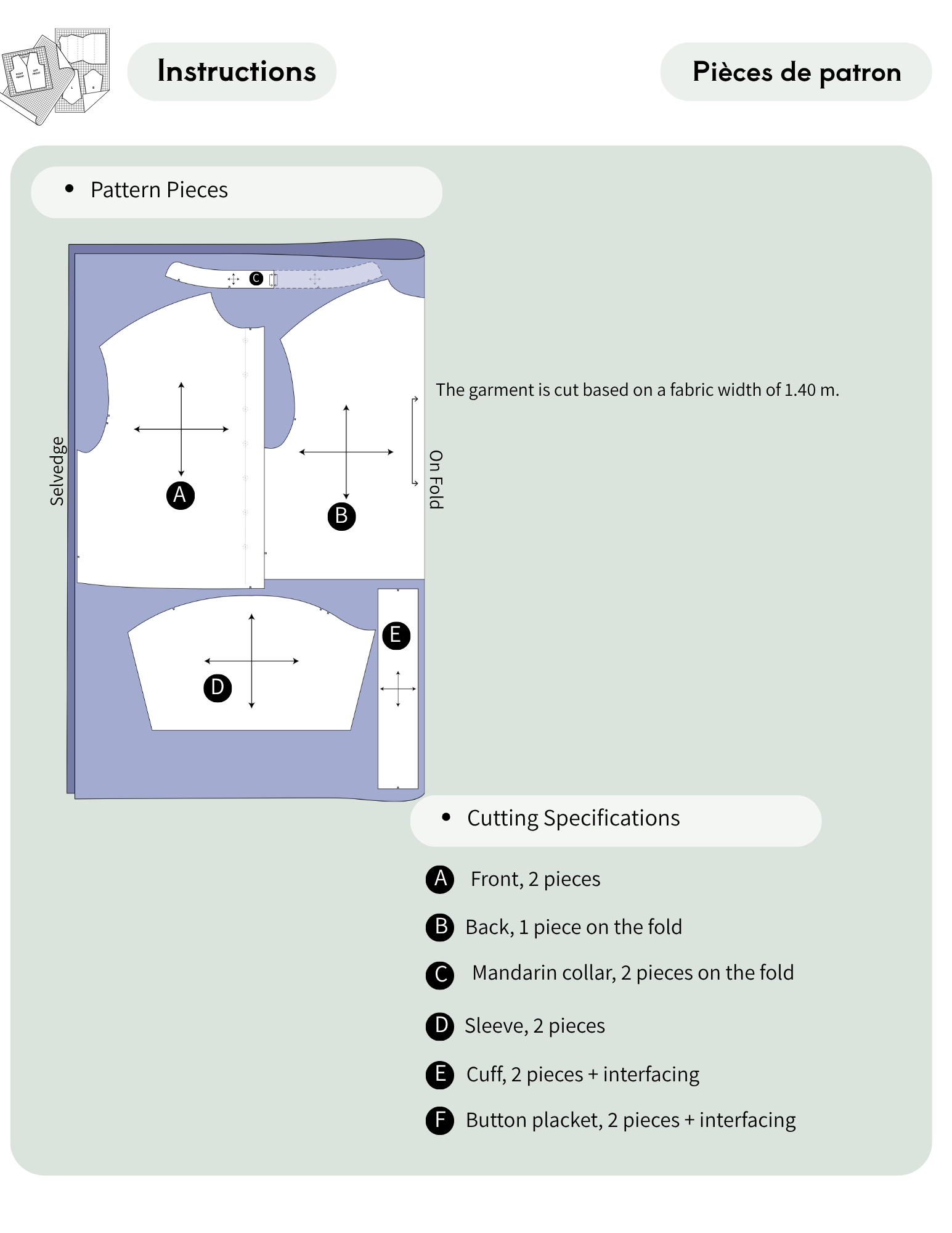 Instruction sheet showing pattern pieces and cutting specifications for a garment, with a front/back layout diagram and a list of piece counts on a pale green background.