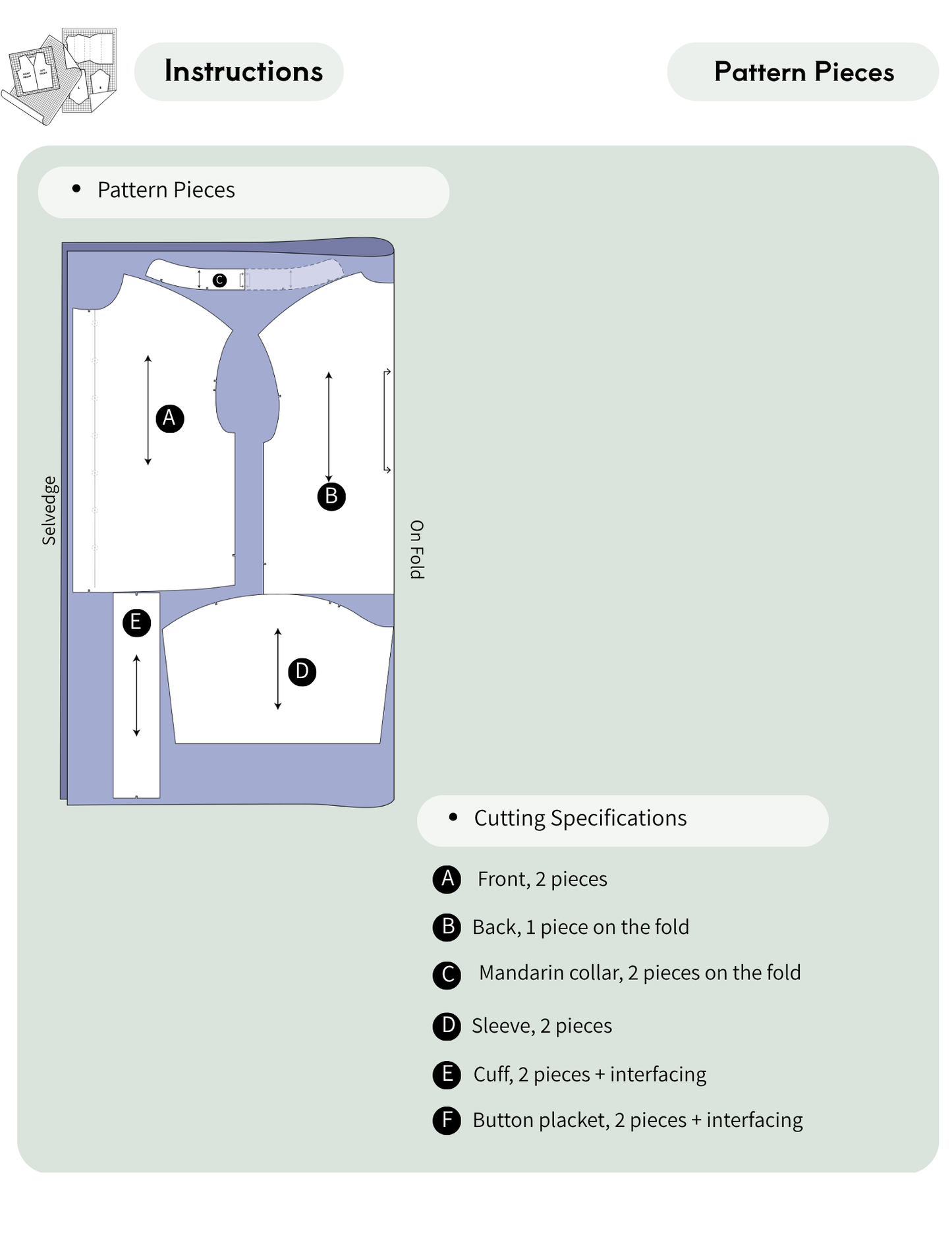 A sewing pattern instruction sheet showing pattern pieces for a shirt, with labeled front, back, collar, sleeve, cuff, and button placket layouts plus cutting specifications on a pale green background.