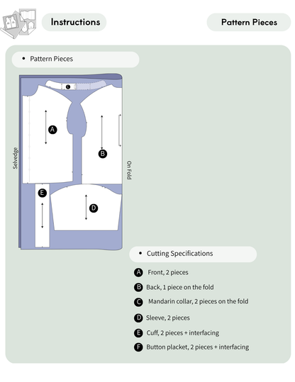 A sewing pattern instruction sheet showing pattern pieces for a shirt, with labeled front, back, collar, sleeve, cuff, and button placket layouts plus cutting specifications on a pale green background.