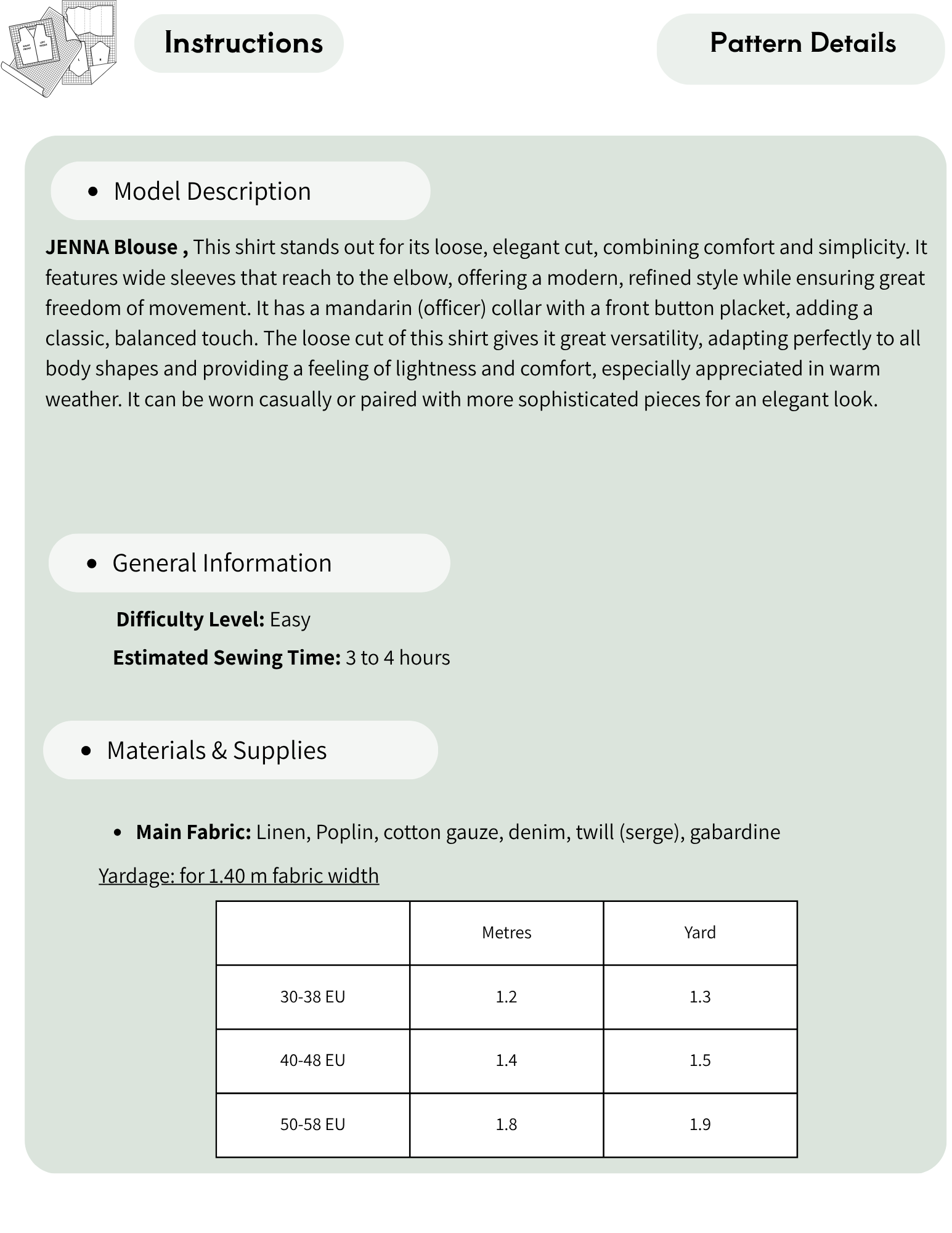 Instruction sheet detailing the model description, general information, and materials/supplies for a JENNA BLouse shirt. The sheet features a light sage green background with black text and a small table at the bottom converting centimeter and yard measurements.