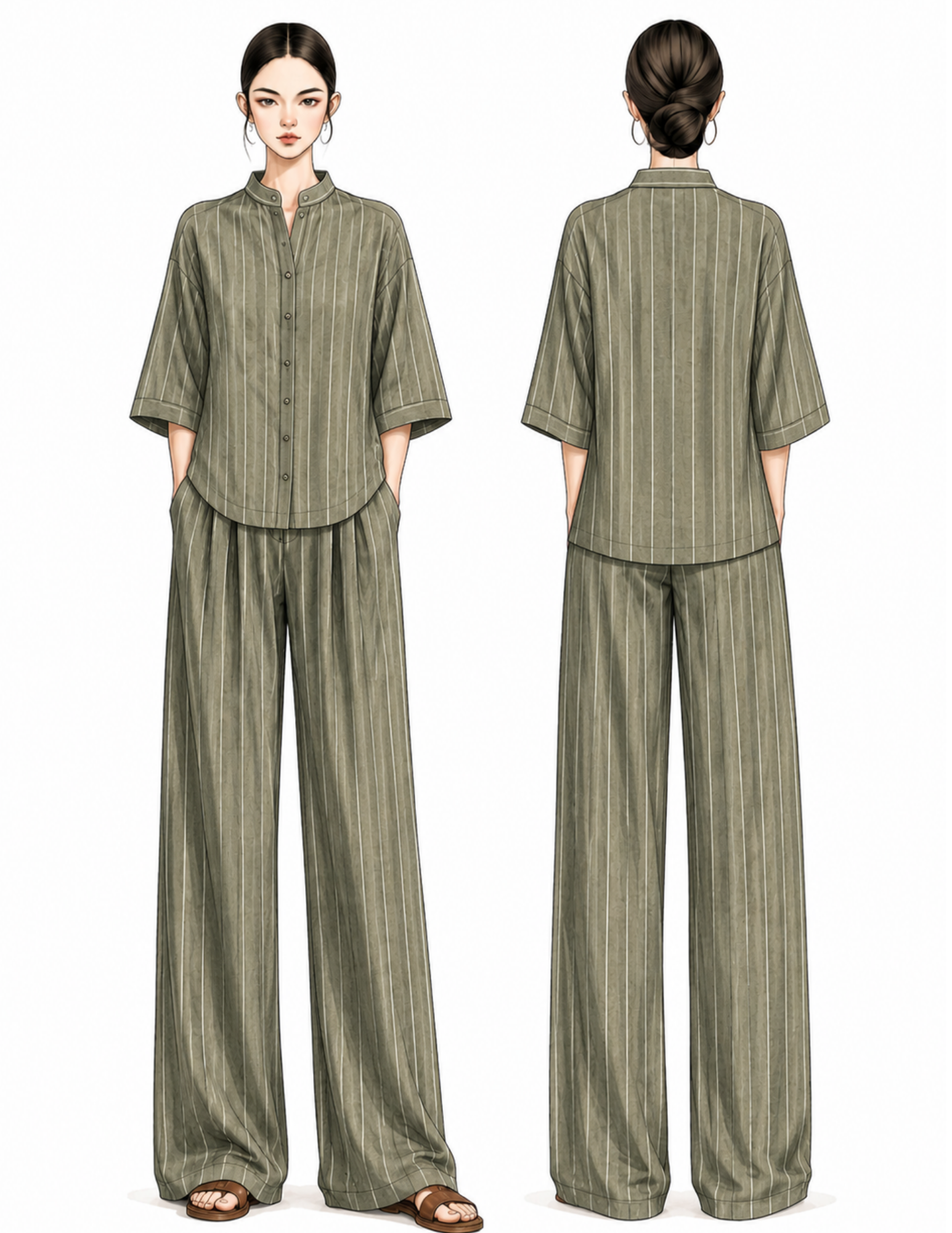 A two-view fashion illustration of a matching two-piece set, showing the front and back of a women's short-sleeve button-front top and wide-leg pants in an olive green and beige vertical stripe pattern, on a plain white background.