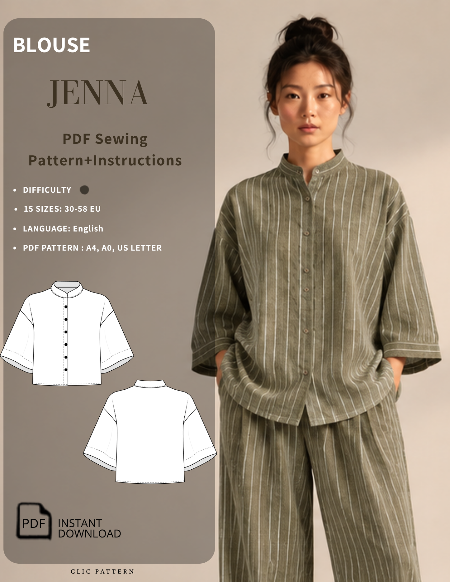 Promotional graphic for a PDF sewing pattern by Blouse for Jenna, showing a woman modeling a matching two-piece outfit with a white line drawing of the top and bottom on the left, alongside text listing difficulty, sizes, language, and instant download.