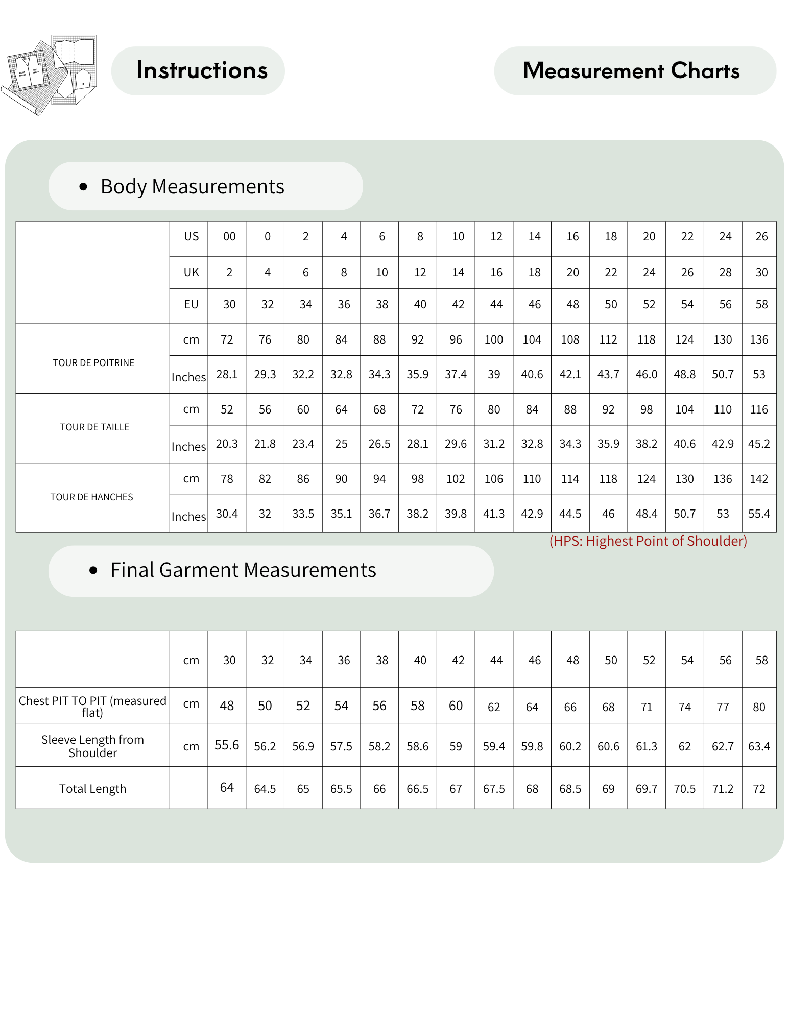 A sizing chart sheet for apparel, titled 'Instructions' and 'Measurement Charts', showing body measurements and final garment measurements in a tabular format with US, UK, EU, and Tour de France size conversions.