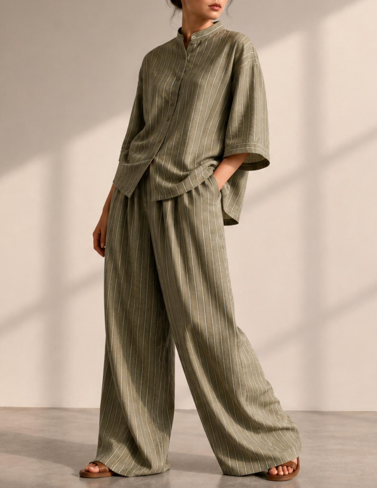 A model wearing a matching two-piece lounge set in olive green with thin vertical beige stripes, featuring a short-sleeve button-front top and wide-leg trousers, styled with brown leather sandals against a warm beige wall with soft window shadows.