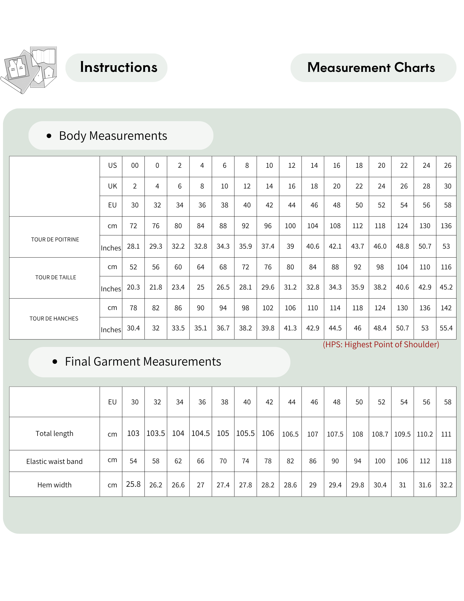 JENNA pants sewing pattern PDF 
measurement chart showing women's 
sizes EU 30–58.