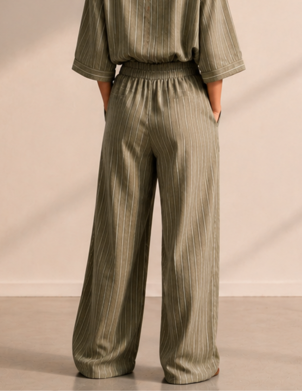 Back view of JENNA women's wide leg 
pants sewing pattern with relaxed 
wide-leg silhouette