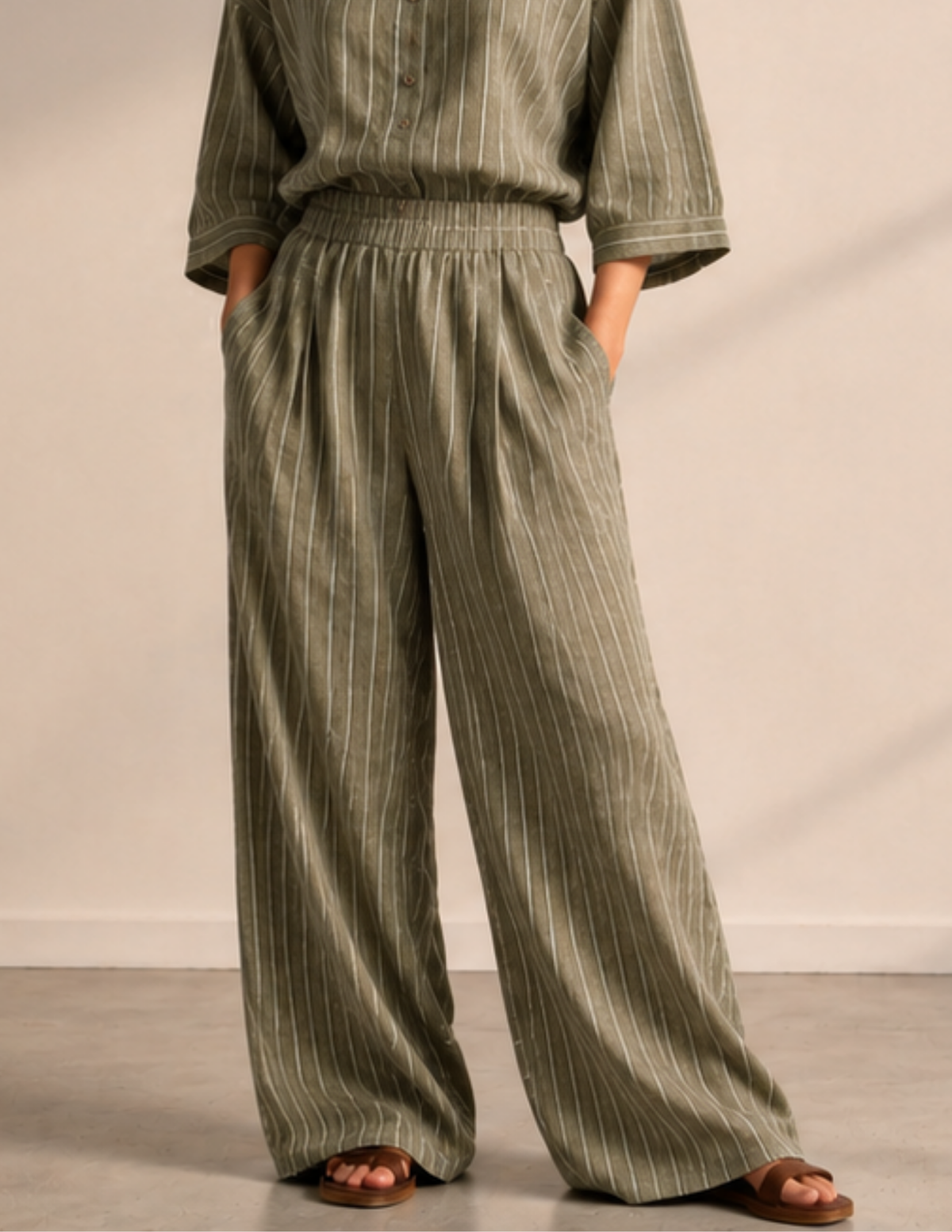 JENNA women's wide leg pants sewing 
pattern PDF shown on model, 
featuring an elastic waist and loose 
fit