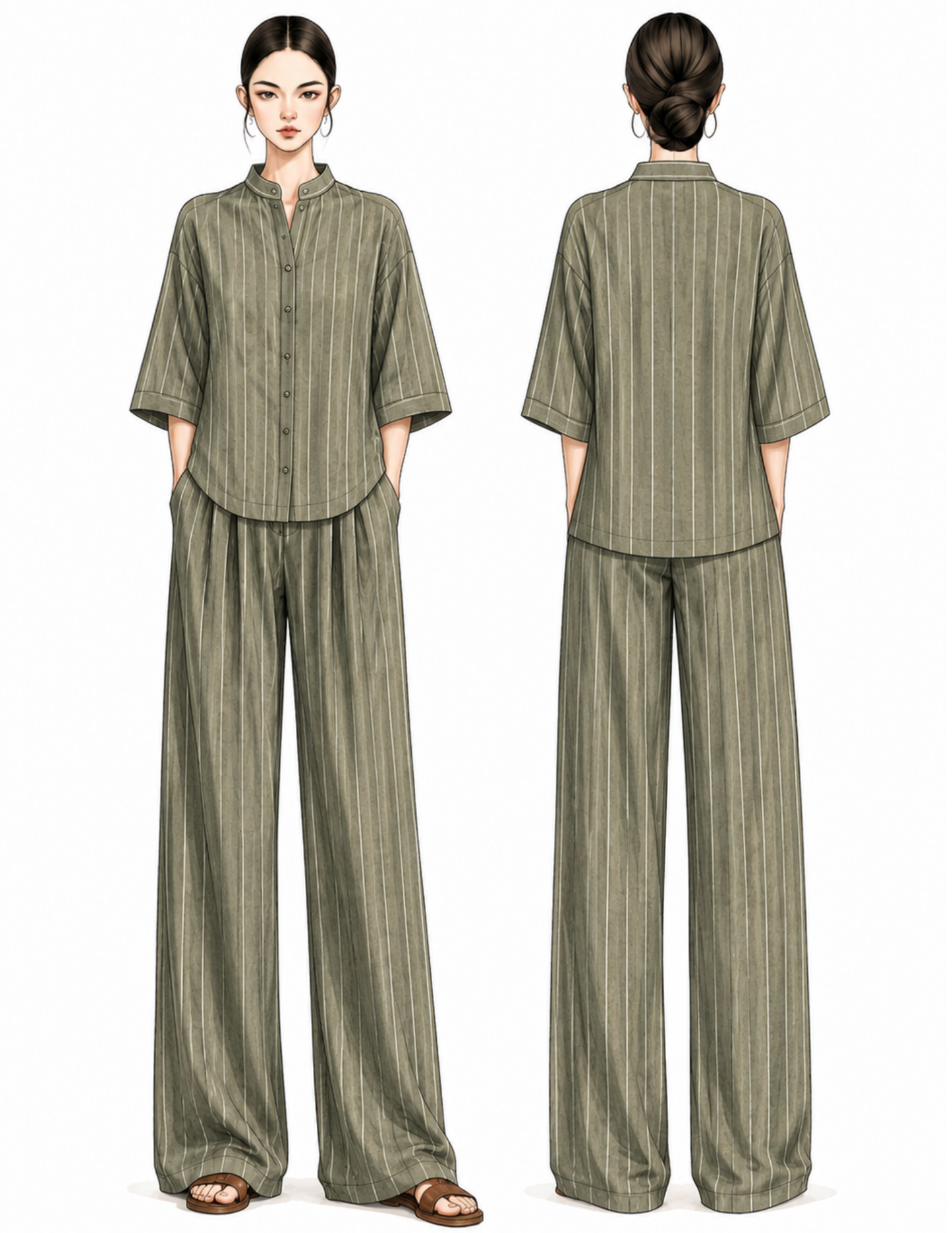 JENNA wide leg pants sewing pattern 
shown in front and back views with 
elastic waistband and side pockets