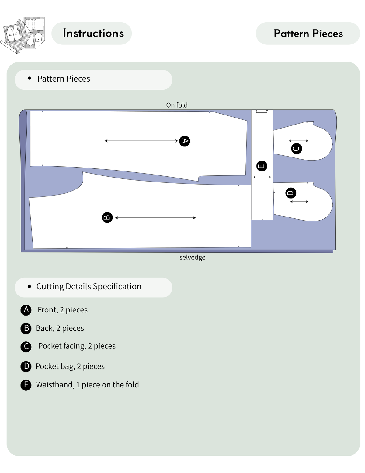 JENNA pants PDF sewing pattern 
cutting layout showing front, back, 
pocket and waistband pattern pieces.
