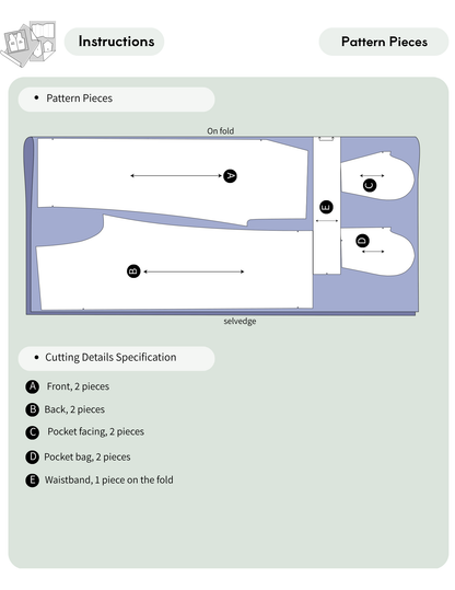 JENNA pants PDF sewing pattern 
cutting layout showing front, back, 
pocket and waistband pattern pieces.
