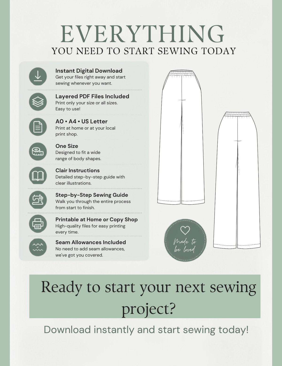 JENNA women's pants PDF sewing 
pattern with printable files, layered 
PDFs, clear instructions and seam 
allowances