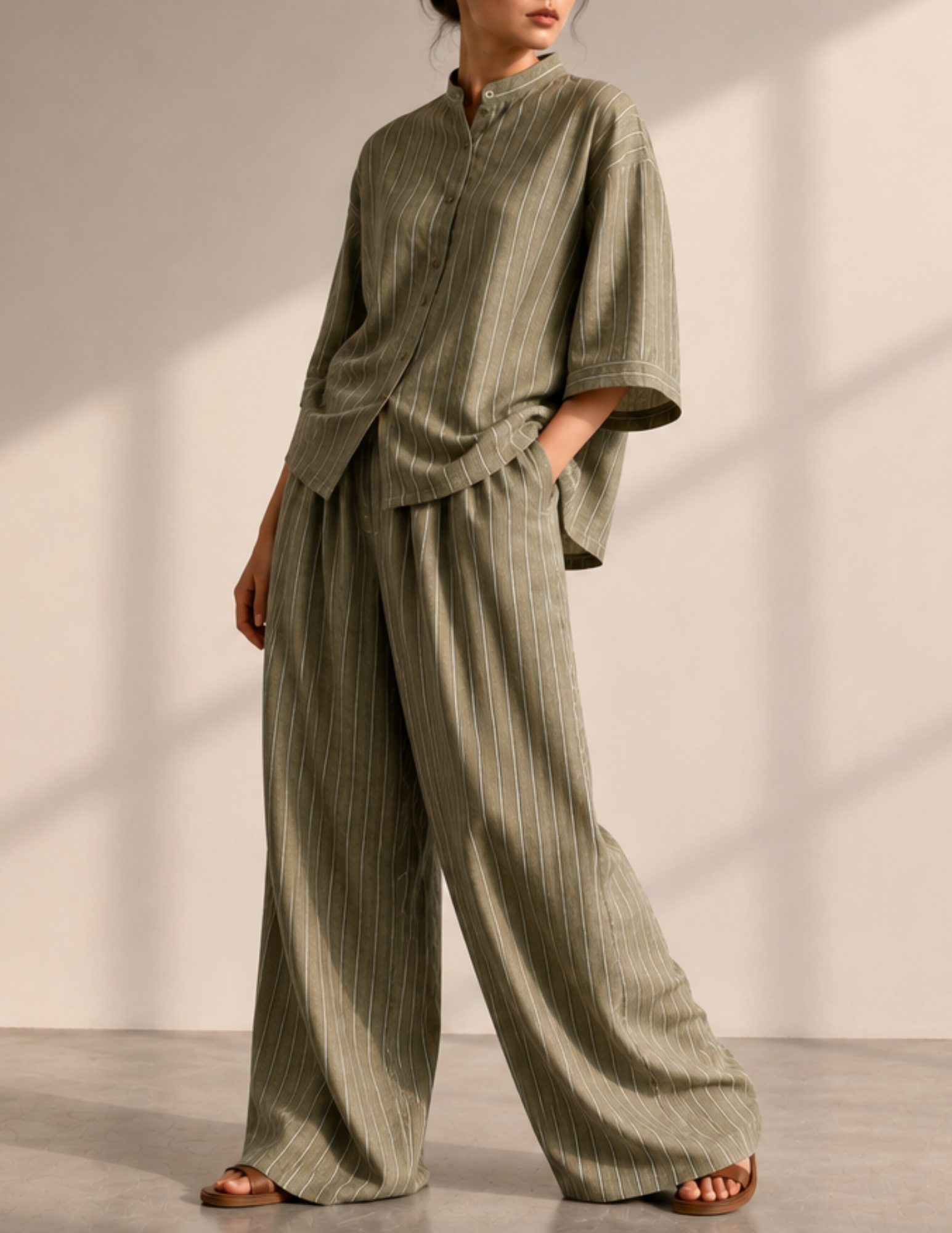 Front view of JENNA women's wide leg 
pants with relaxed fit, elastic 
waistband and full-length legs