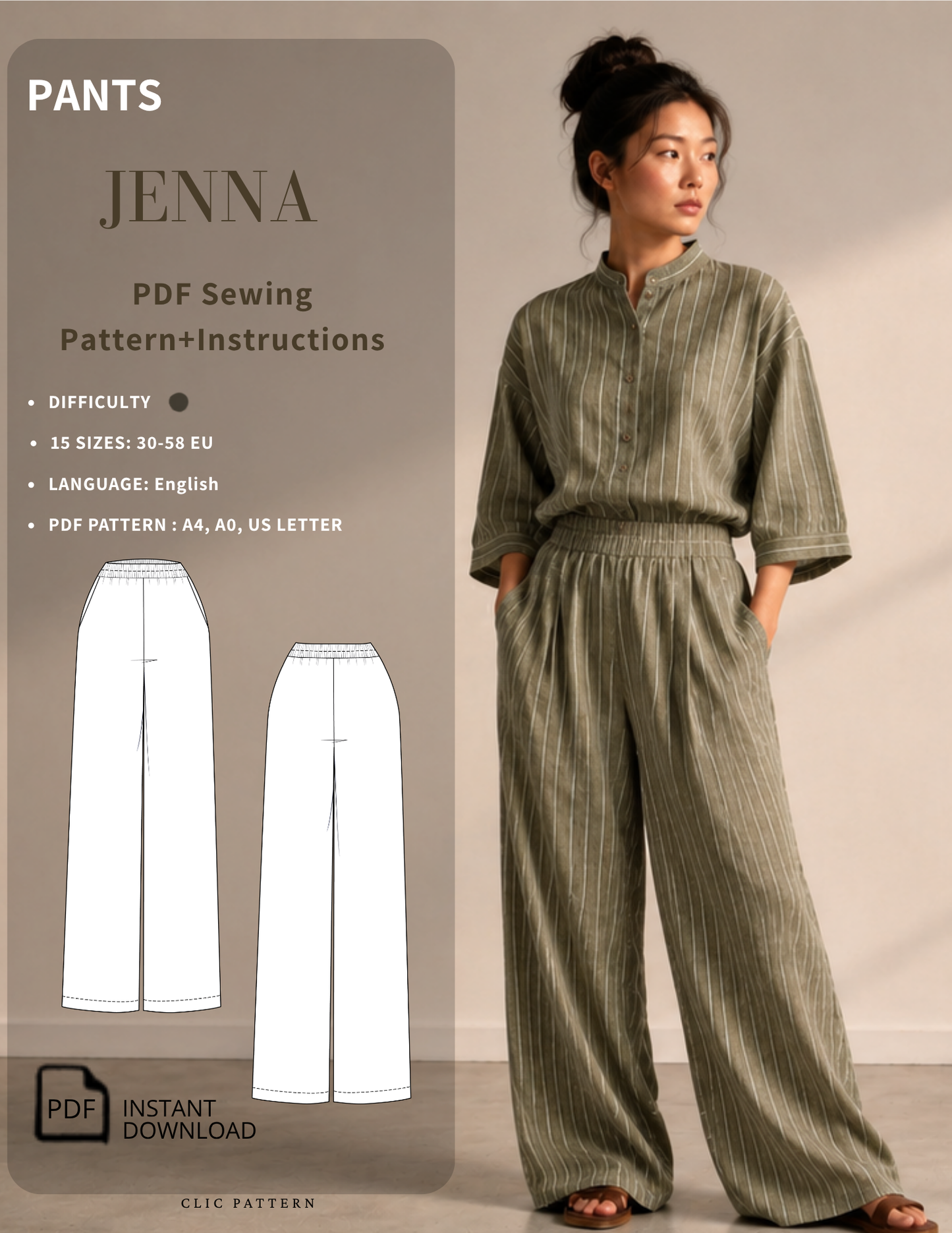 JENNA women's wide leg pants sewing 
pattern PDF with elastic waist, 
available in EU 30–58
